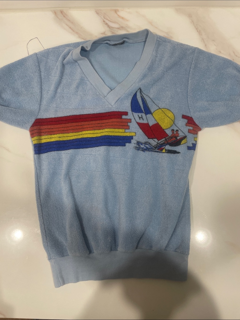 Light Blue Sailboat Graphic Short Sleeve terry cloth shirt
